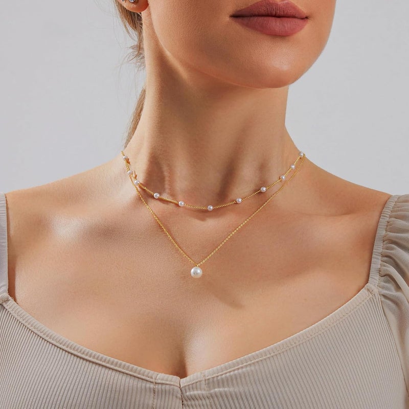 Partm Pearl Necklace for Women Trendy 14K Gold Plated Dainty Pearl Pendant Choker Set Handmade Pearl Gold Necklace Non Tarnish Simple Cute Jewelry Gifts for Women - Image 2